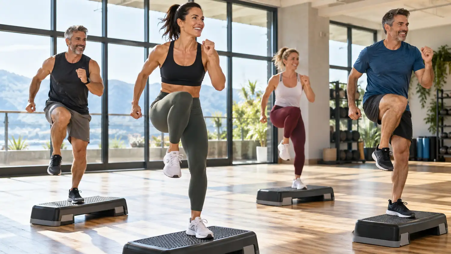 Quattro adulti praticano cardio fitness su step in una palestra luminosa